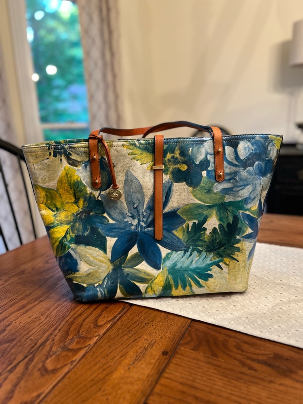 Brahmin All Day Tote in Fiji Floral Print with Tan Leather Trim EUC